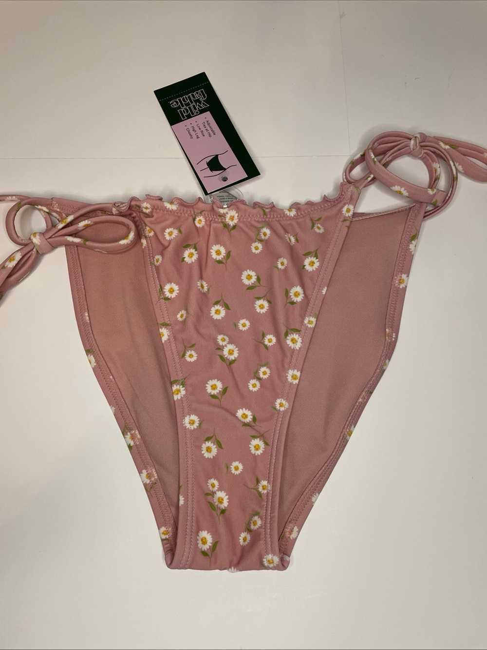 Wild Fable Pink Daisy Side Tie High Leg Low Rise Cheeky Bikini Bottom XS 0-2 New